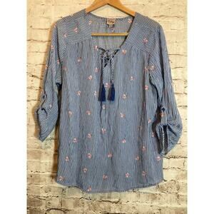 Como Vintage Top Womens XXL Chambray Blue Stripes & Florals Lace Up Boho Tassels